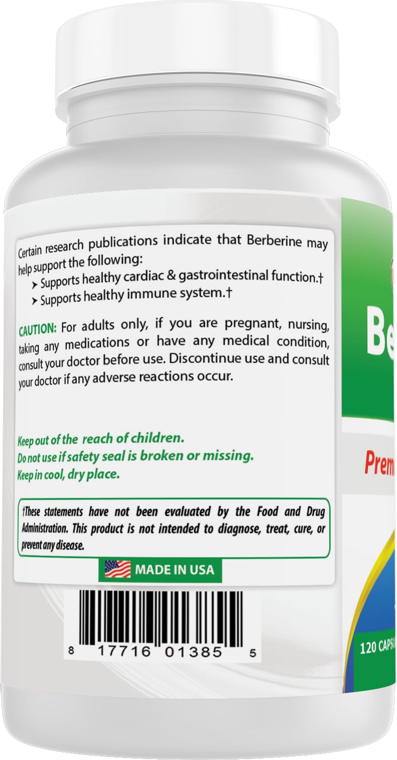 Best Naturals Berberine Plus close-up of capsules, 120-count bottle for long-term use