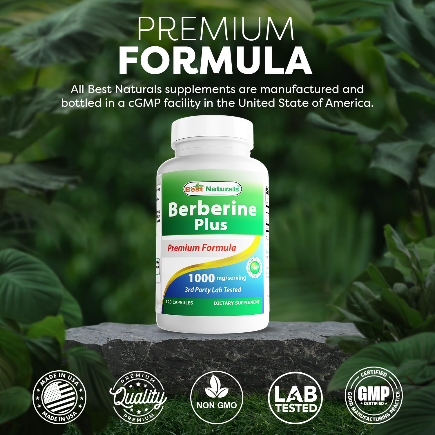 Best Naturals Berberine Plus packaging box highlighting USA-made GMP-compliant production