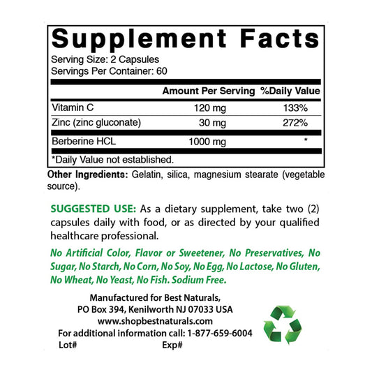 Best Naturals Berberine Plus label close-up highlighting purity and ingredients.