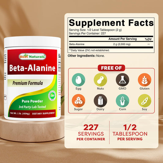 Best Naturals Beta Alanine powder label close-up emphasizing purity and ingredients.