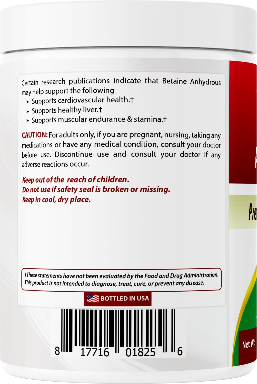 Best Naturals Betaine Anhydrous powder jar emphasizes gluten-free and non-GMO features