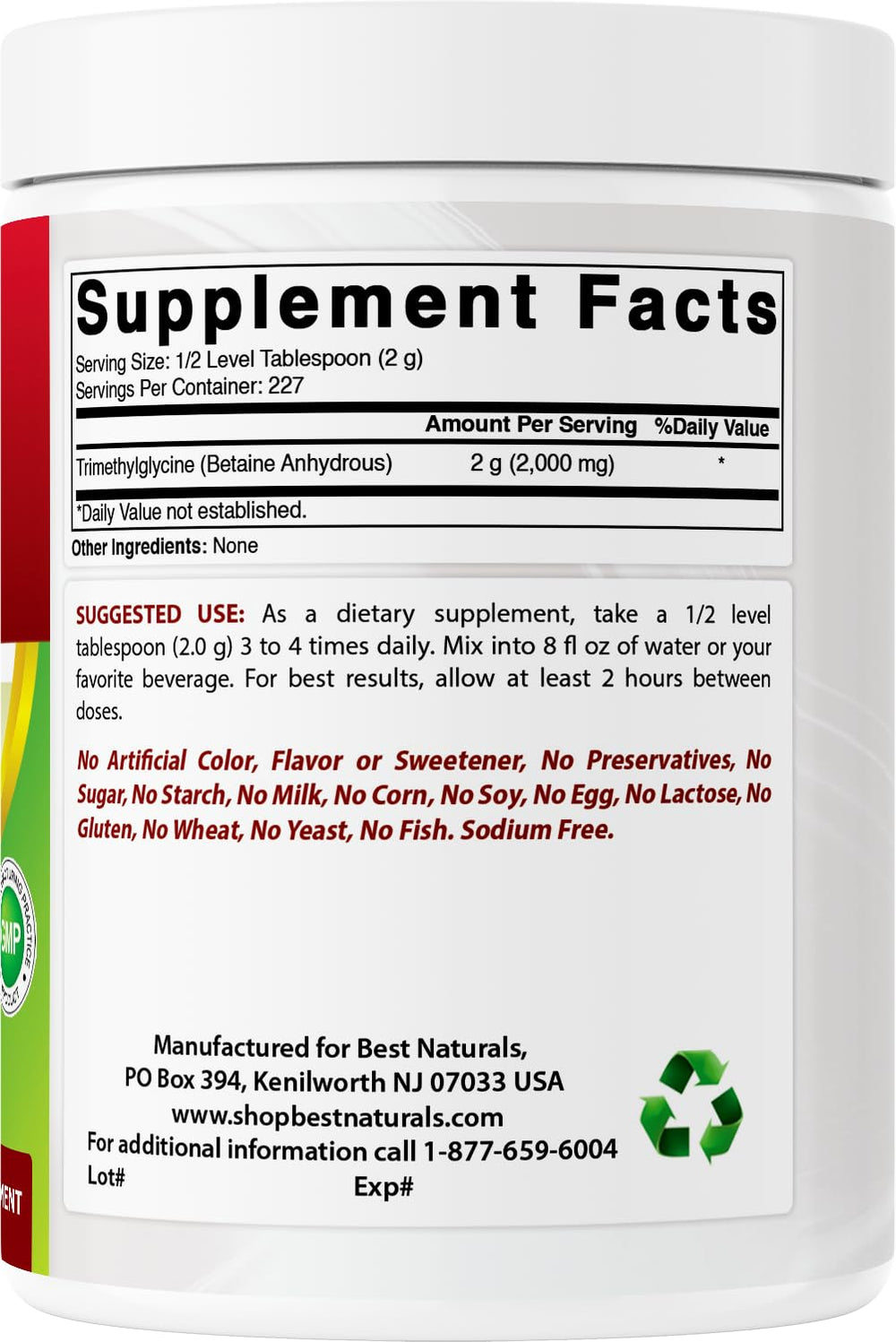 Retail packaging of Best Naturals Betaine Anhydrous powder in a sealed container