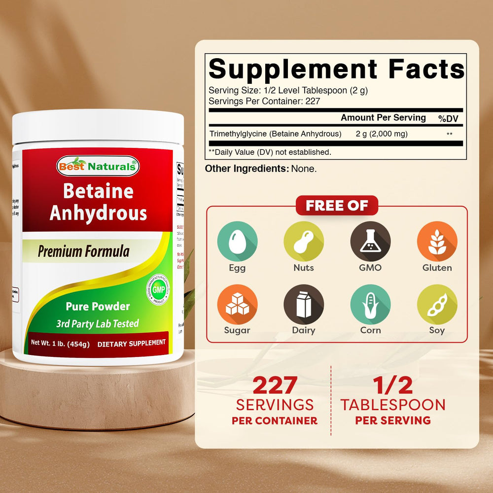 Scoop of Best Naturals Betaine Anhydrous powder showing 2000 mg per serving