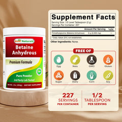 Scoop of Best Naturals Betaine Anhydrous powder showing 2000 mg per serving