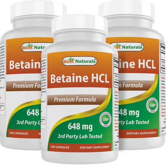 Best Naturals Betaine HCl bottle front signaling dependable digestive support.