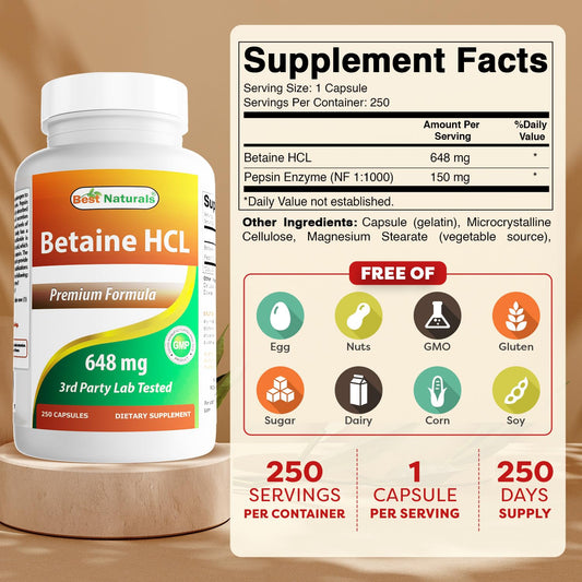 Best Naturals Betaine HCL capsules close-up showing capsule size.