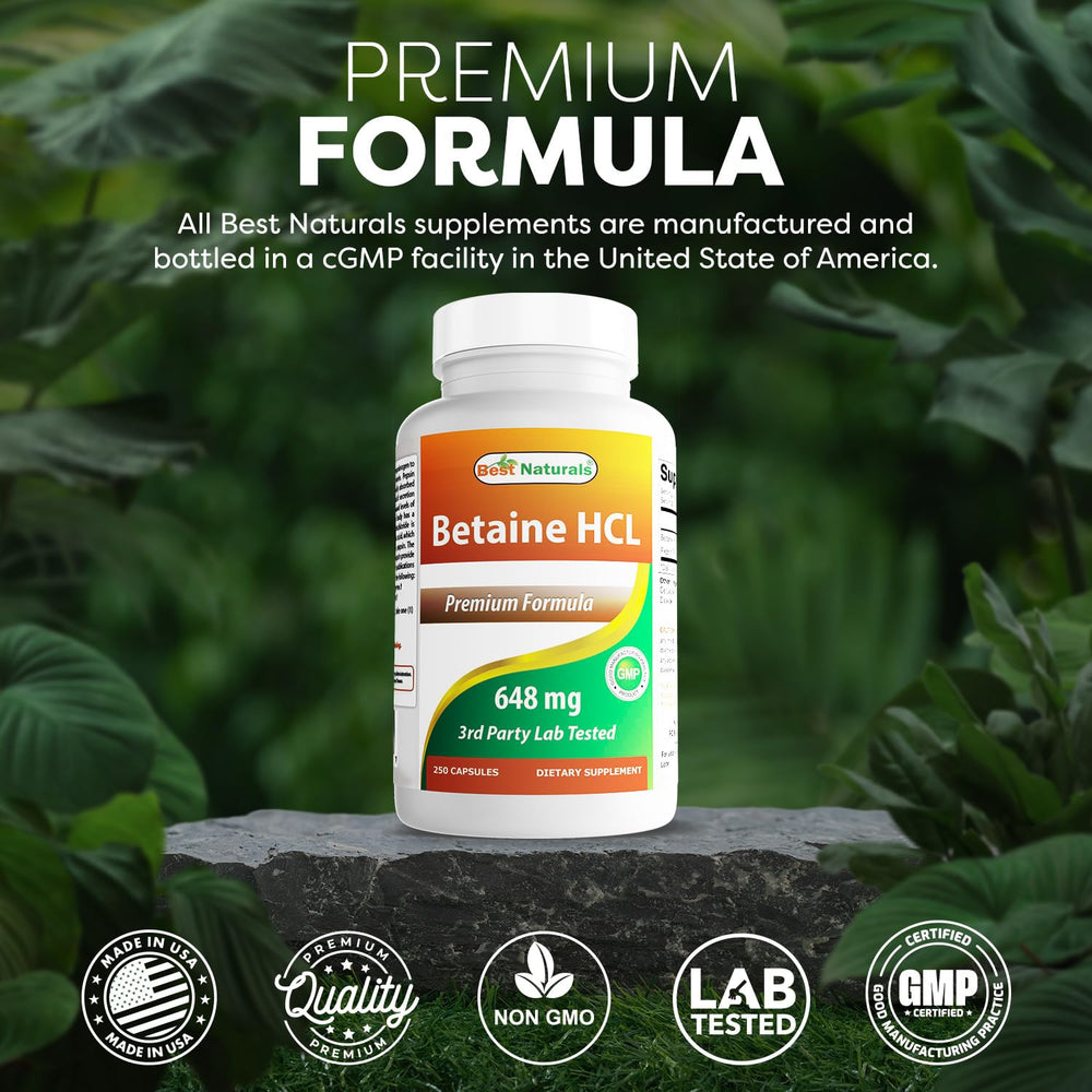 Ingredient highlights show gluten-free, non-GMO Best Naturals Betaine HCl.