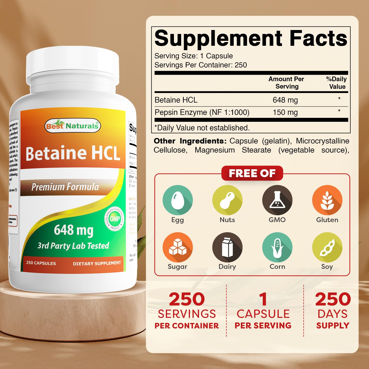 Close-up of Best Naturals Betaine HCl label highlighting gluten-free and non-GMO attributes.
