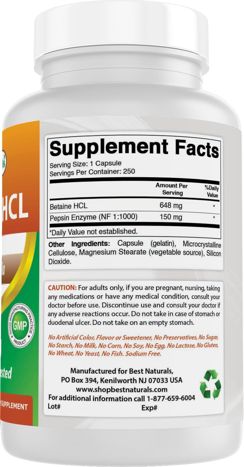 Best Naturals Betaine HCL third-party test seal for purity.