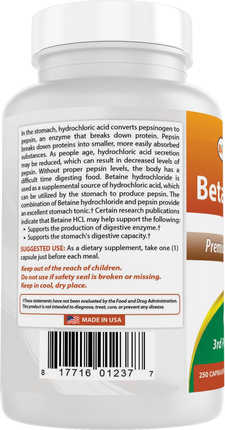 USA-made facility seal beside Best Naturals Betaine HCl bottle.