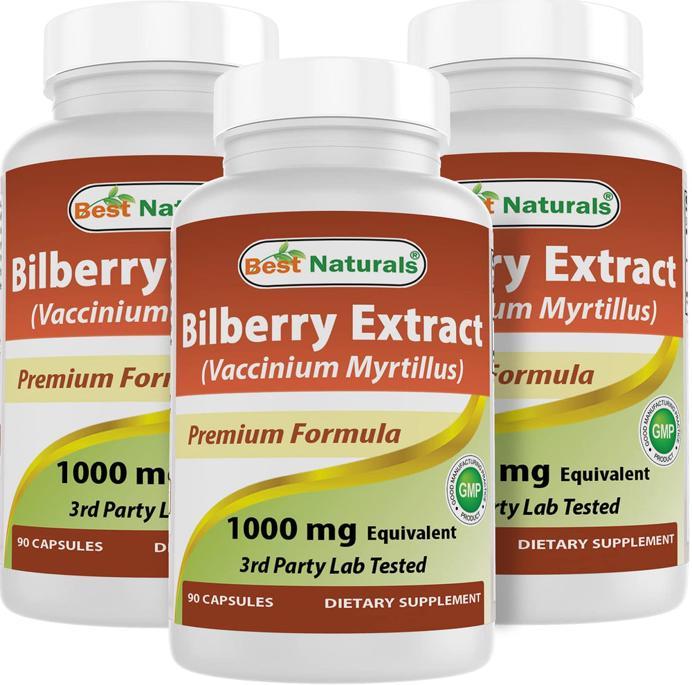 Best Naturals Bilberry 1000 mg bottle front shows premium bilberry formula for daily use.