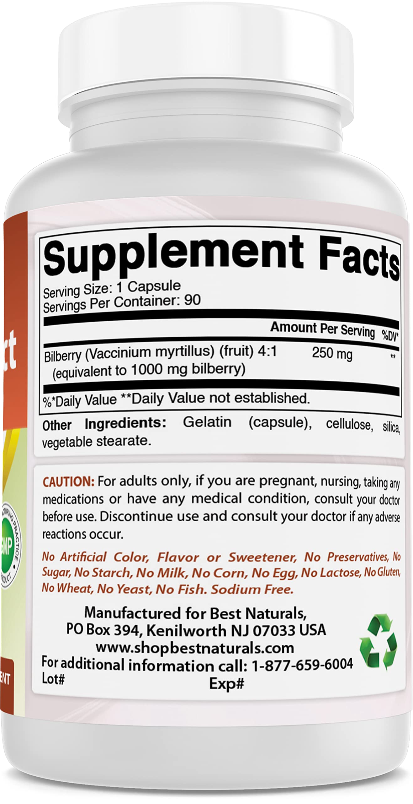 Best Naturals Bilberry gluten-free non-GMO label communicates dietary compatibility.