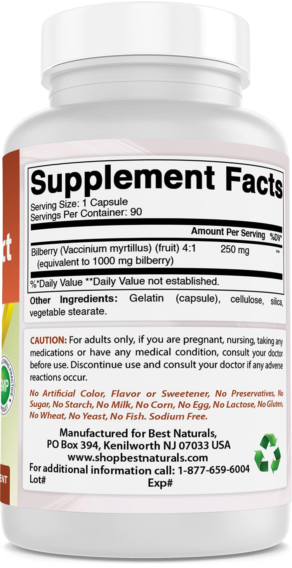 Best Naturals Bilberry gluten-free non-GMO label communicates dietary compatibility.