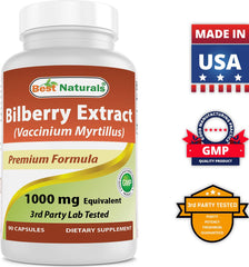 Best Naturals Bilberry packaging inside view emphasizes no artificial additives.