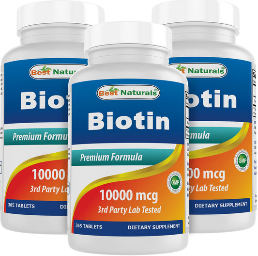 Best Naturals Biotin bottle front showing high-potency 10,000 mcg tablets for daily use.