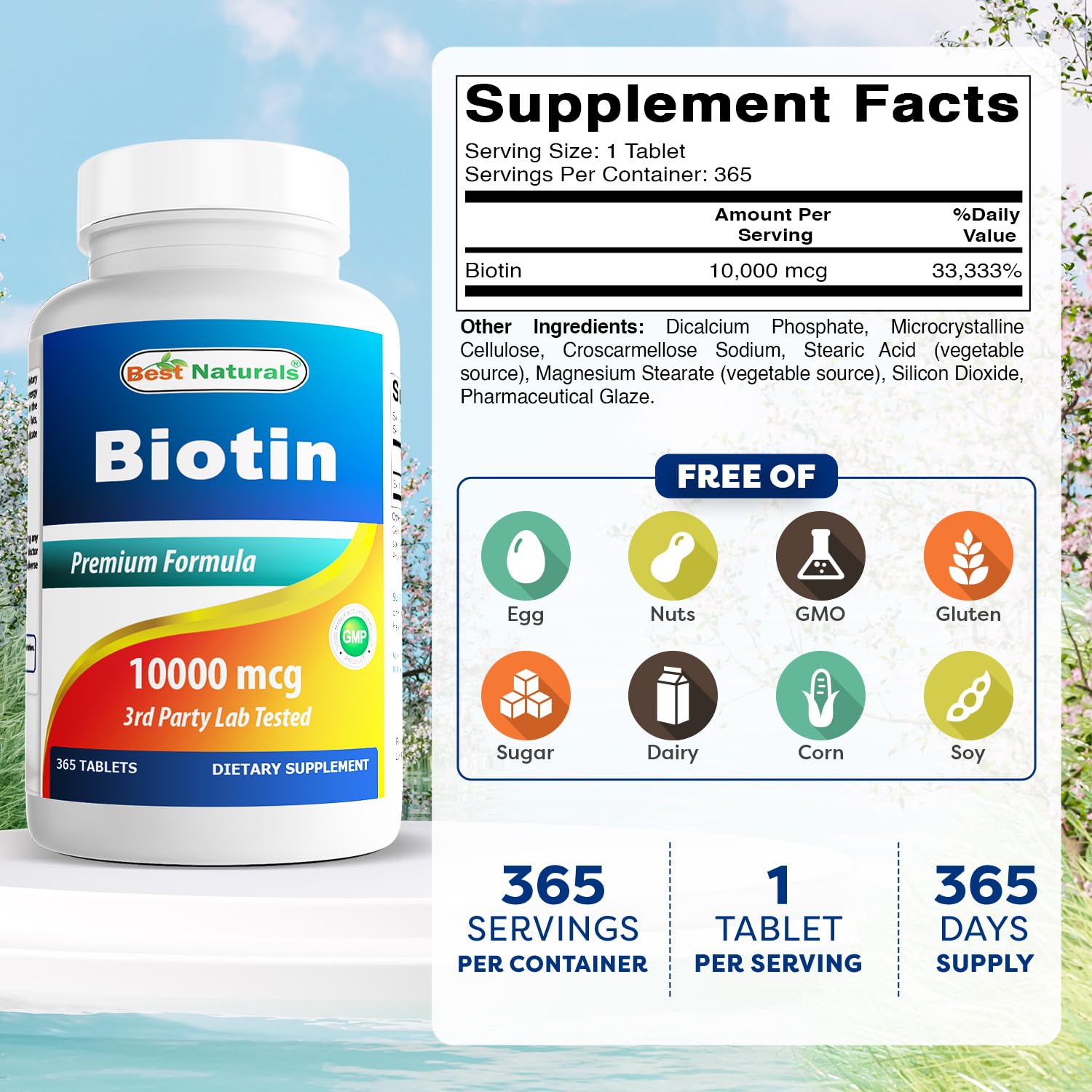 Best Naturals Biotin bottle label detail highlighting non-GMO and gluten-free formulation.