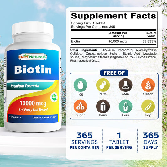 Best Naturals Biotin bottle label detail highlighting non-GMO and gluten-free formulation.