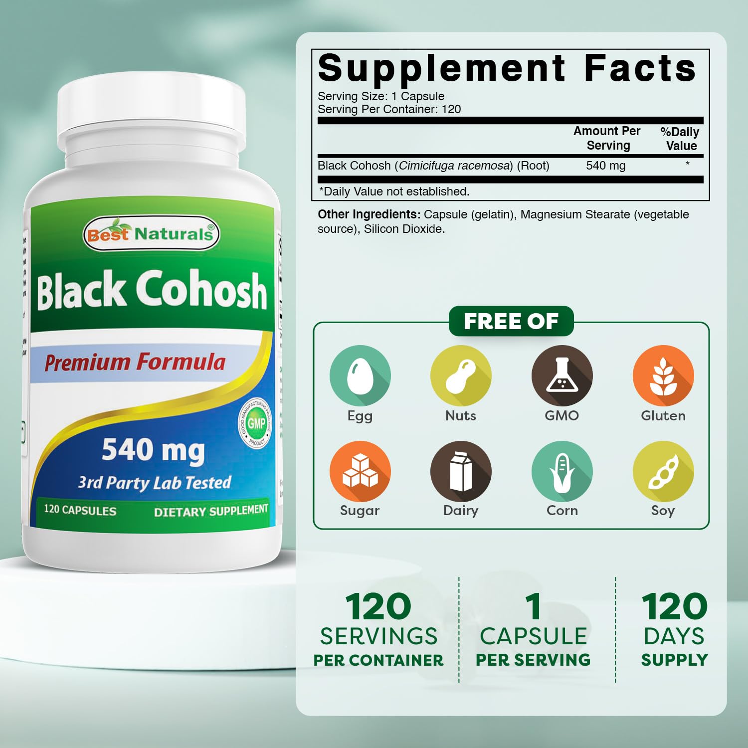 Best Naturals Black Cohosh 540 mg bottle side view, convenient daily dosage.