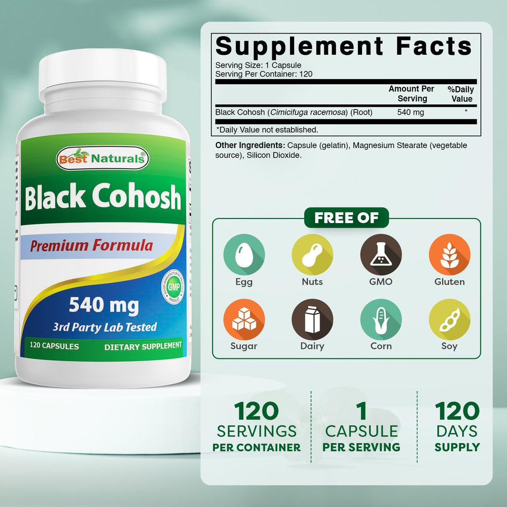 Best Naturals Black Cohosh 540 mg bottle side view, convenient daily dosage.