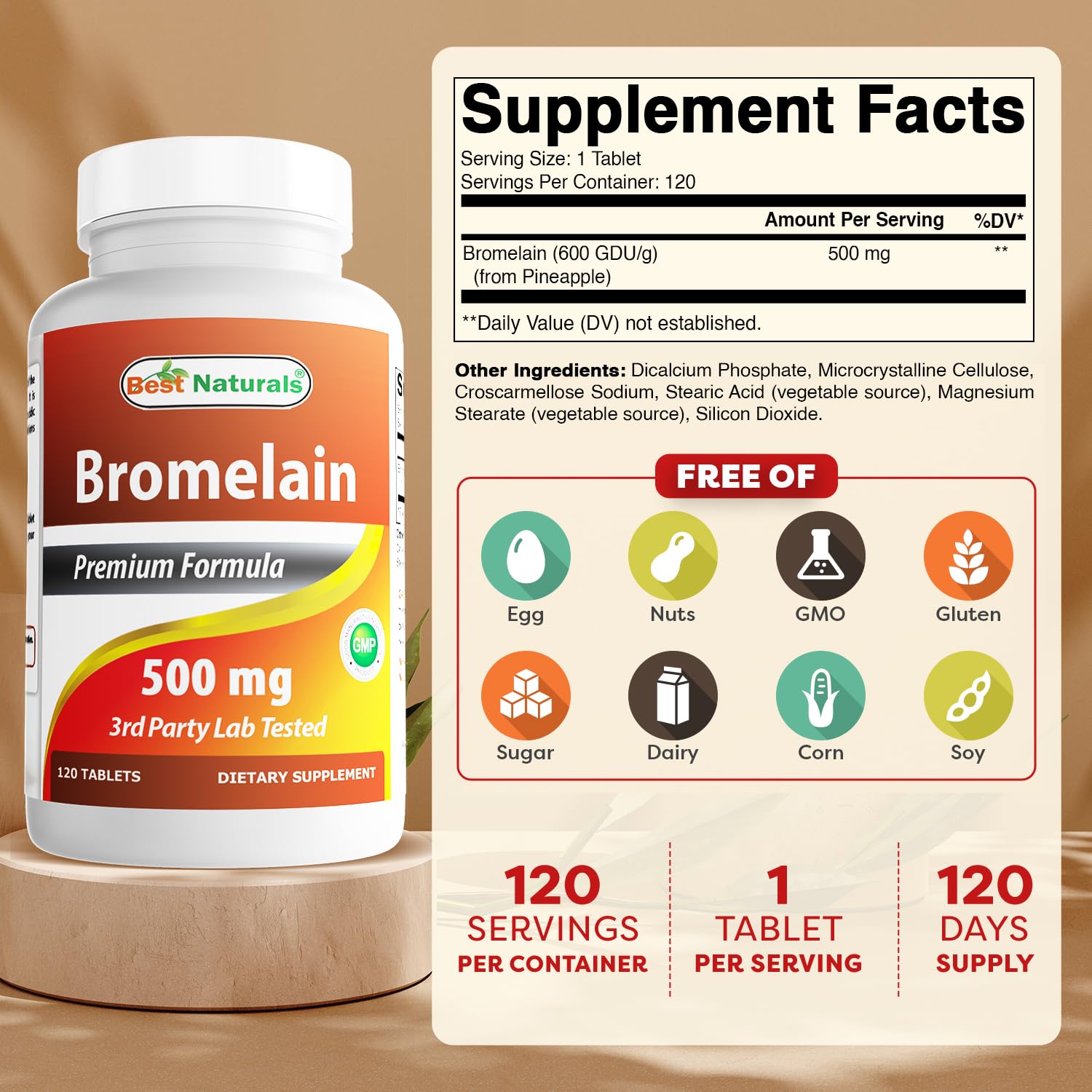Best Naturals Bromelain 500mg bottle side view highlighting packaging.