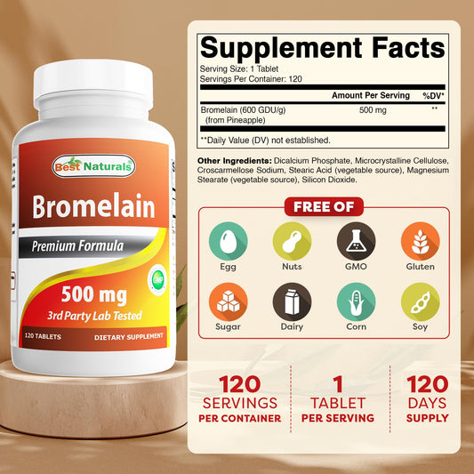 Best Naturals Bromelain 500mg bottle side view highlighting packaging.