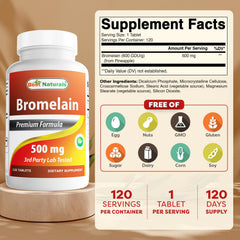 Best Naturals Bromelain 500mg bottle side view highlighting packaging.