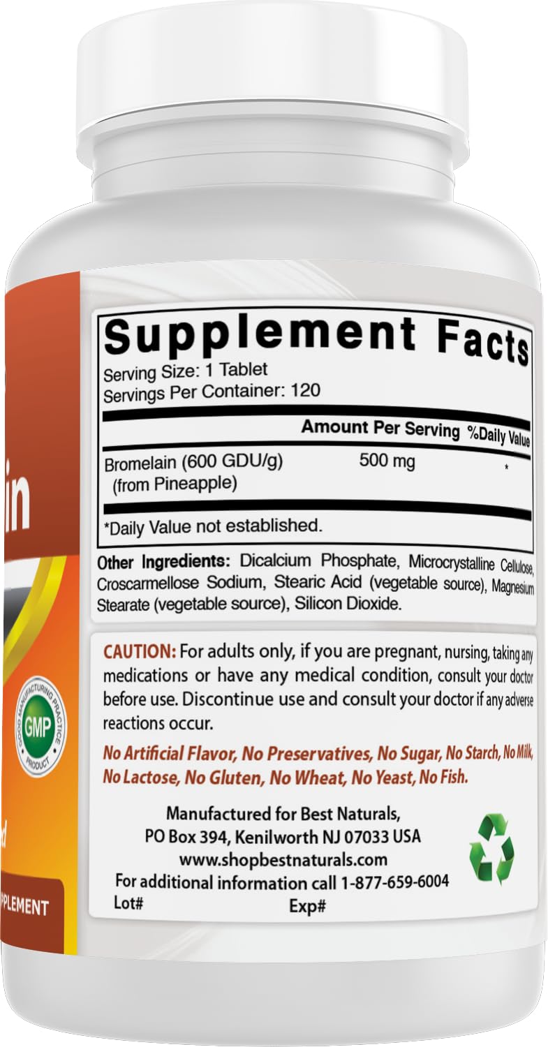 Best Naturals Bromelain 500mg tablet ingredients panel highlights purity.