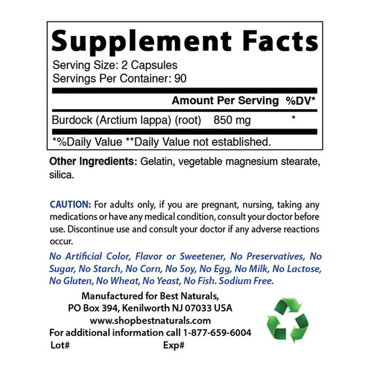 Best Naturals Burdock Root bottle label highlights clean, non-GMO formula.