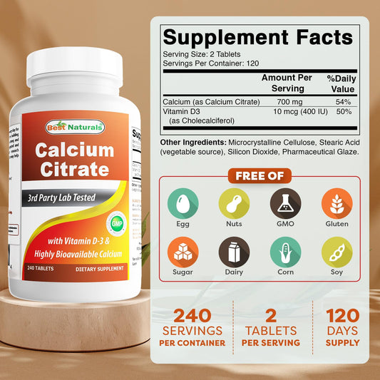 Best Naturals Calcium Citrate with Vitamin D-3 label detail highlighting purity and ingredients