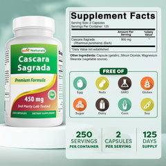 Close-up of the 250-count Best Naturals Cascara Sagrada capsules.