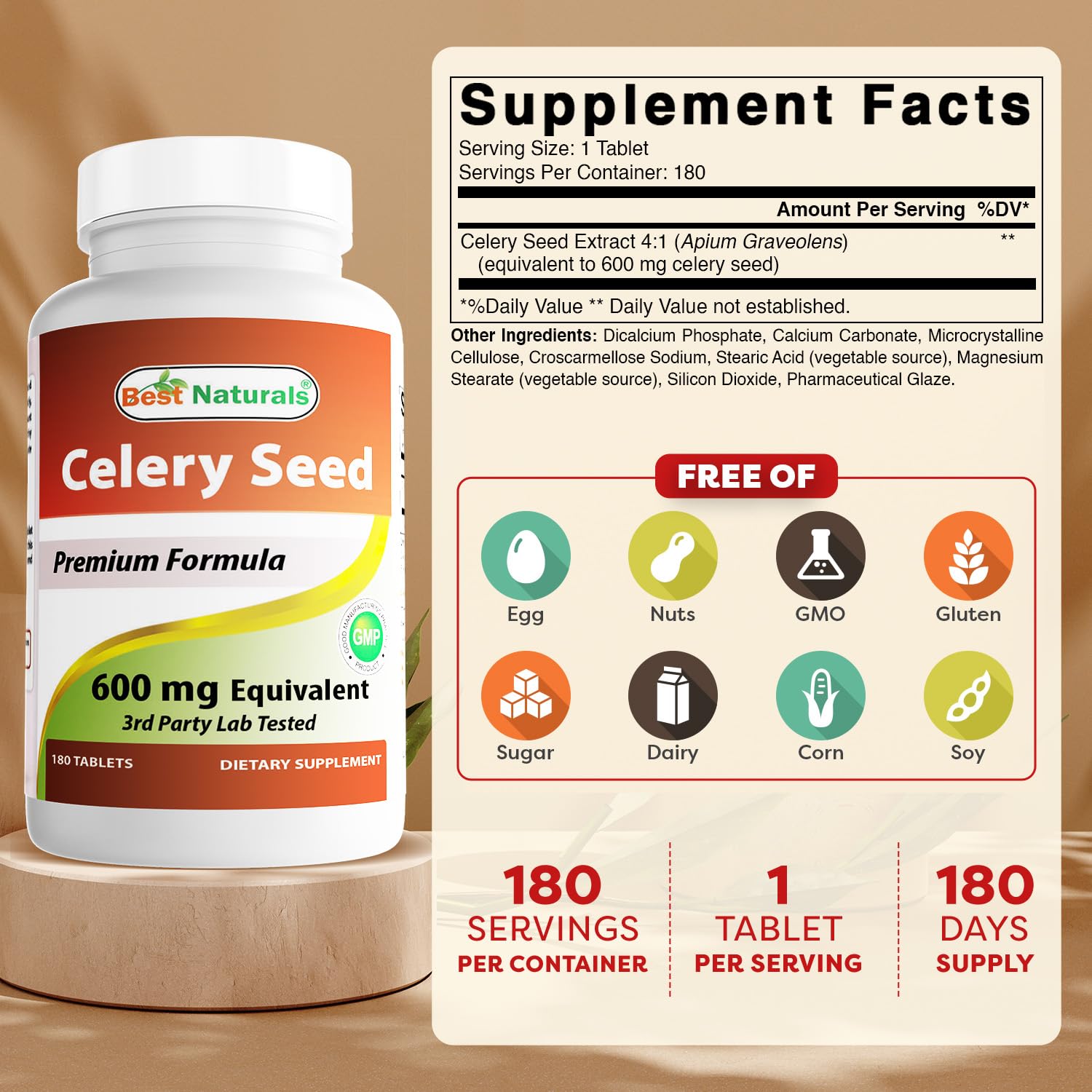 Close-up of Best Naturals celery seed tablets showing 600 mg dosage.