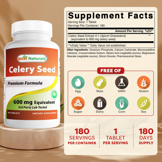 Close-up of Best Naturals celery seed tablets showing 600 mg dosage.
