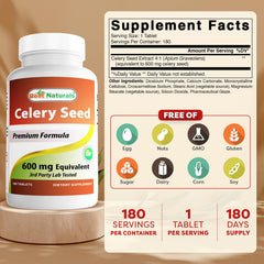 Close-up of Best Naturals celery seed tablets showing 600 mg dosage.