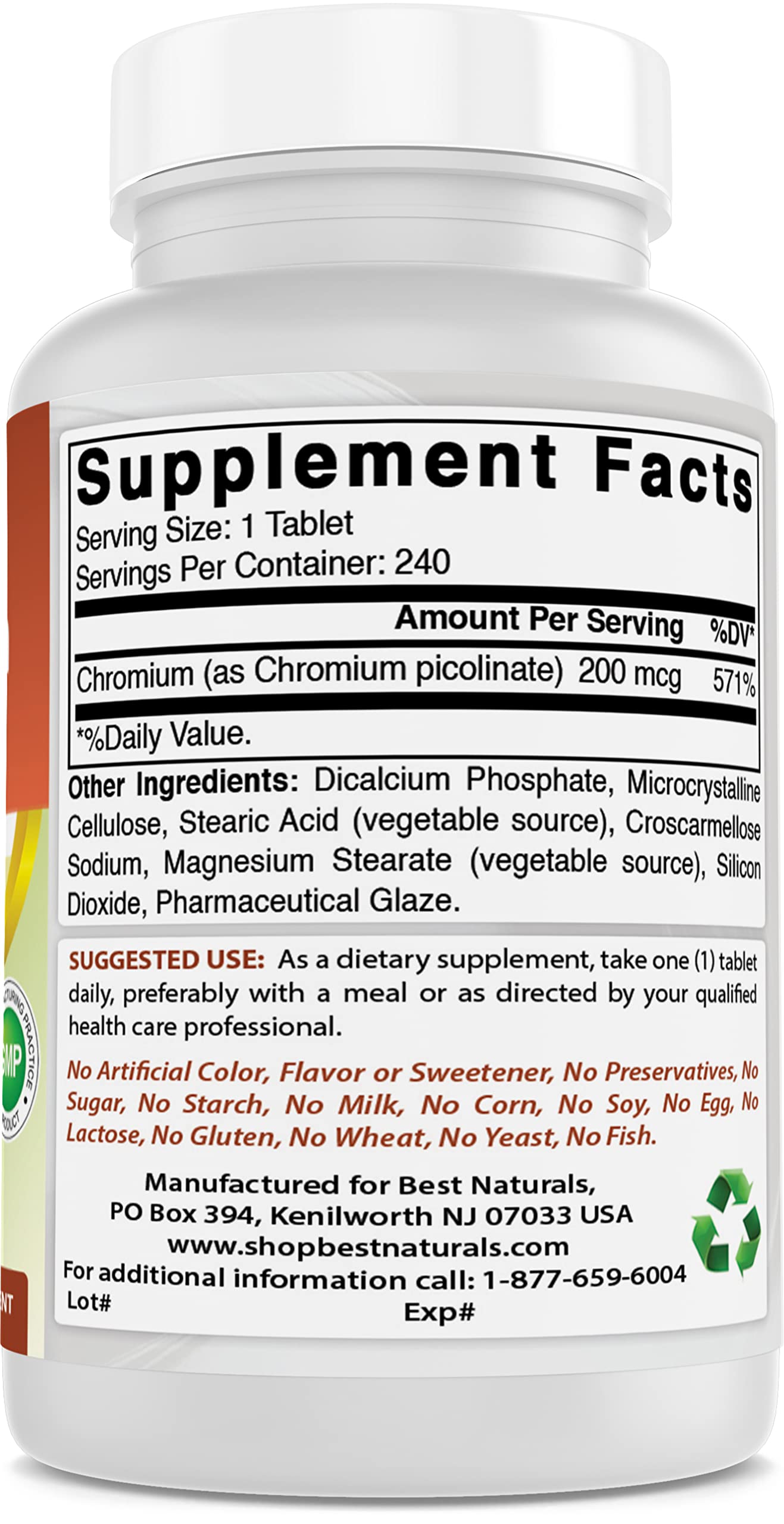 Ingredient panel of Best Naturals Chromium Picolinate showing clean formula