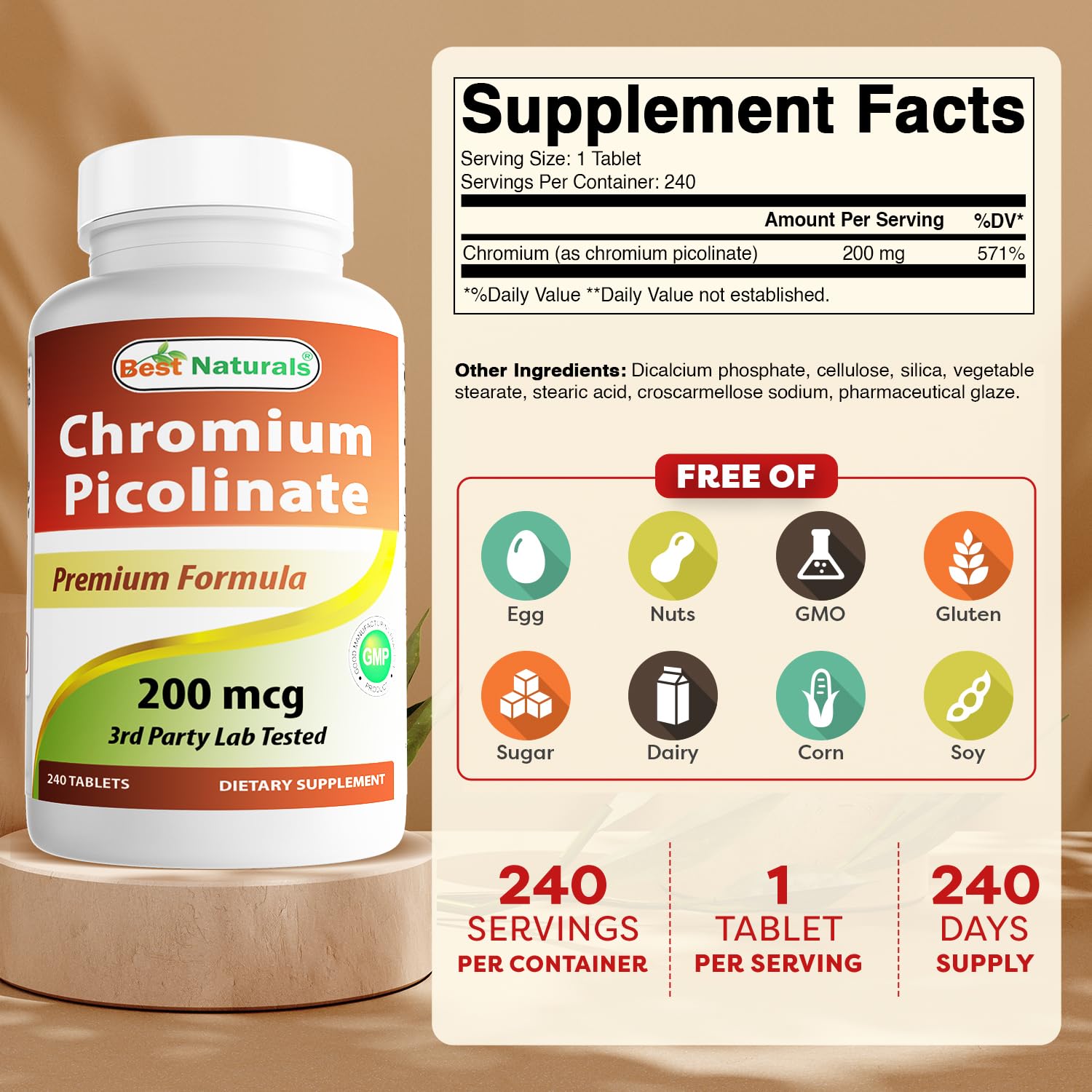 Close-up of Best Naturals Chromium Picolinate tablets showing 200 mcg each