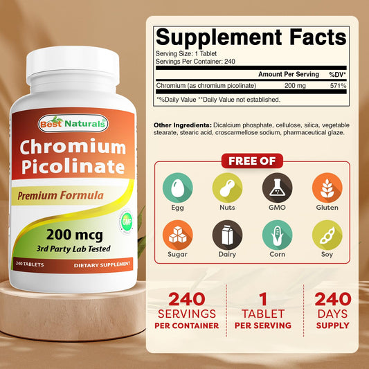 Close-up of Best Naturals Chromium Picolinate tablets showing 200 mcg each