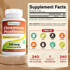 Close-up of Best Naturals Chromium Picolinate tablets showing 200 mcg each