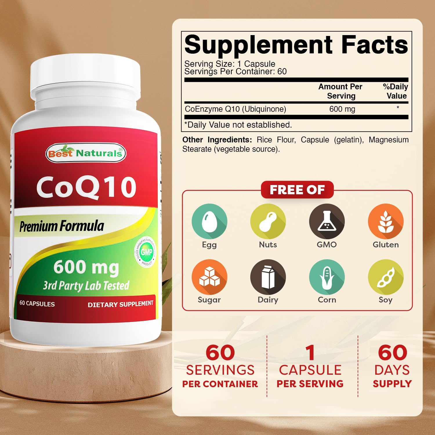 Best Naturals CoQ10 600 mg bottle back label with purity details.