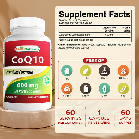 Best Naturals CoQ10 600 mg bottle back label with purity details.