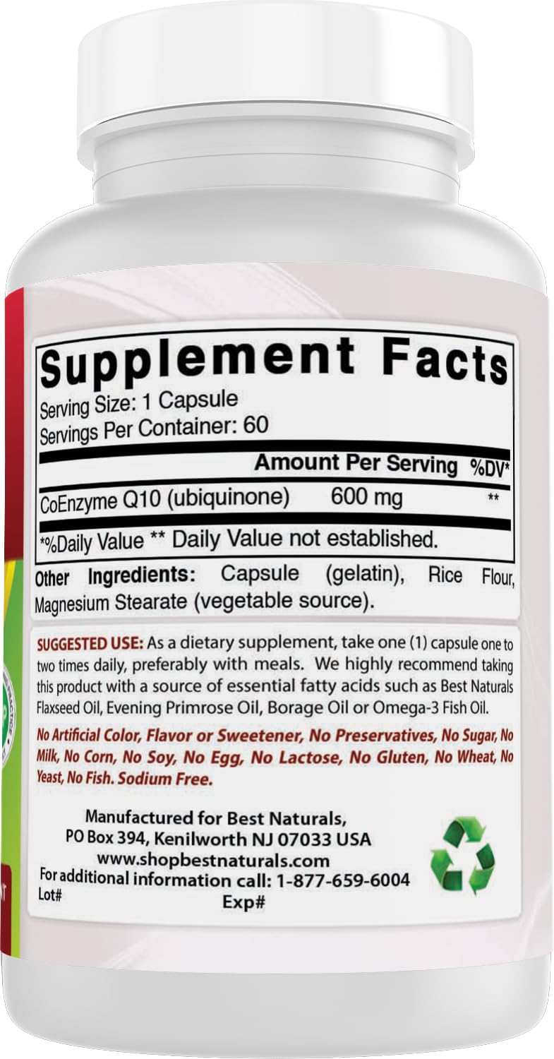 Best Naturals CoQ10 600 mg glass bottle on neutral surface.