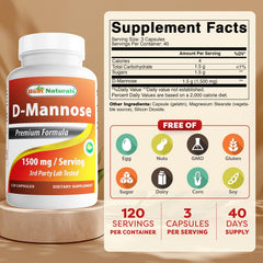 Close-up of Best Naturals D-Mannose 1500 mg capsules for convenient daily intake.