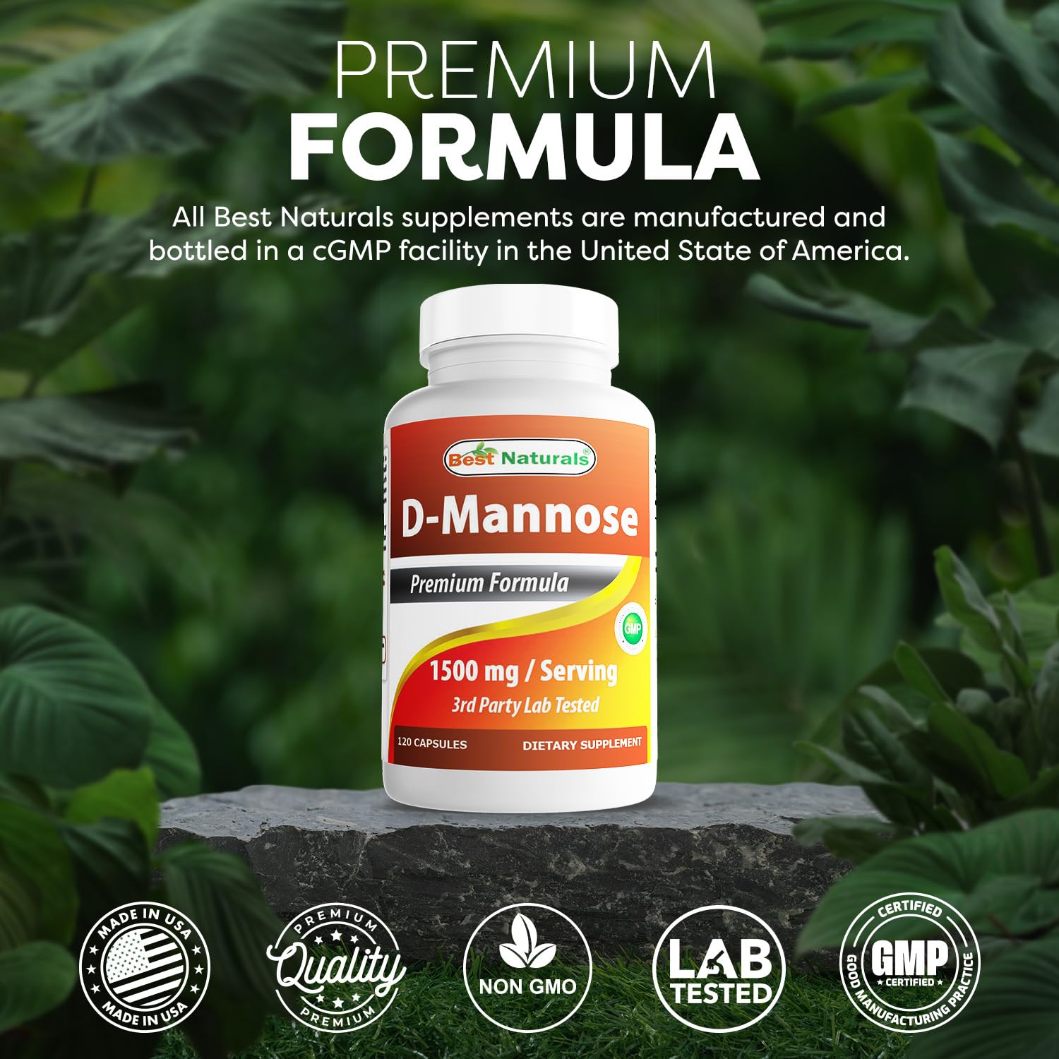 Label details on Best Naturals D-Mannose 1500 mg for clear ingredients.
