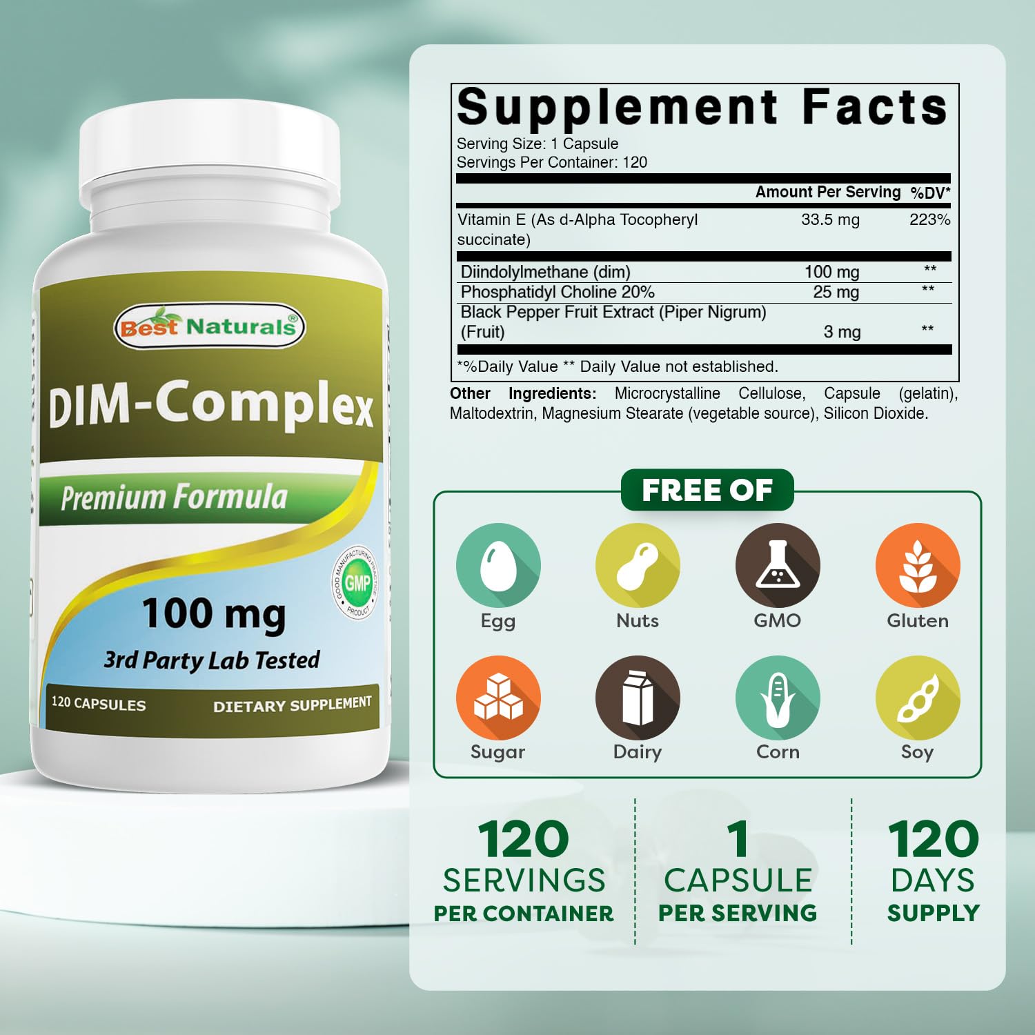 Best Naturals DIM Complex bottle back label with dosage and purity notes