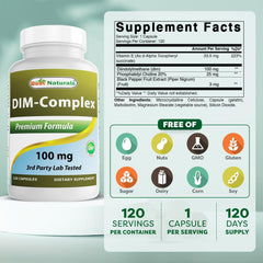 Best Naturals DIM Complex bottle back label with dosage and purity notes