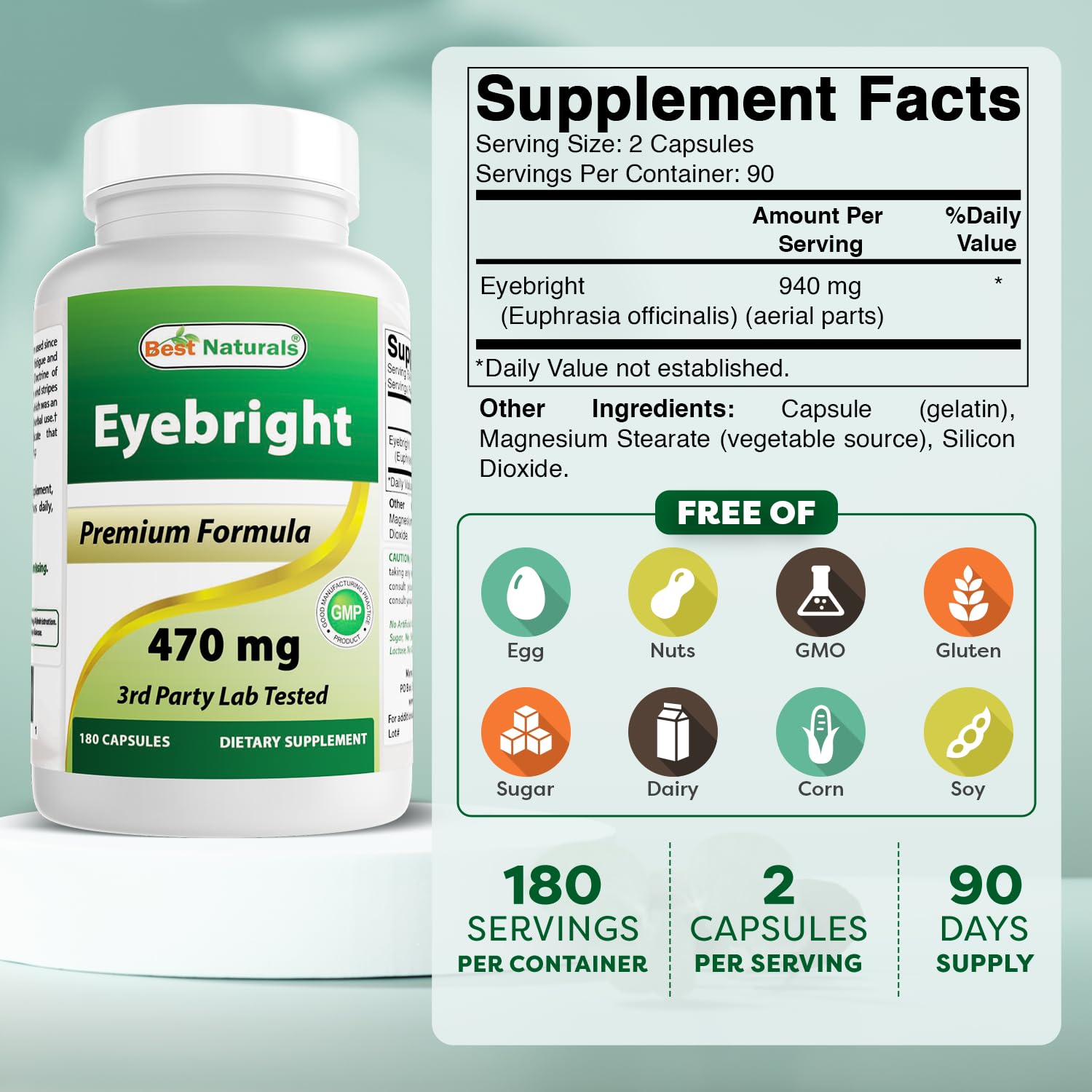 Close-up of Best Naturals Eyebright capsules showing consistent 470 mg dose