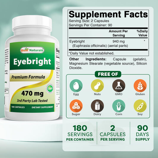 Close-up of Best Naturals Eyebright capsules showing consistent 470 mg dose