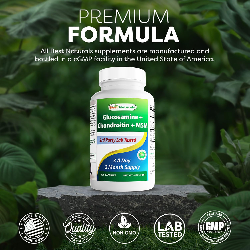 Dosage panel close-up on Best Naturals glucosamine chondroitin MSM bottle
