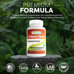 Gluten-free and non-GMO label on Best Naturals Celery Seed bottle.