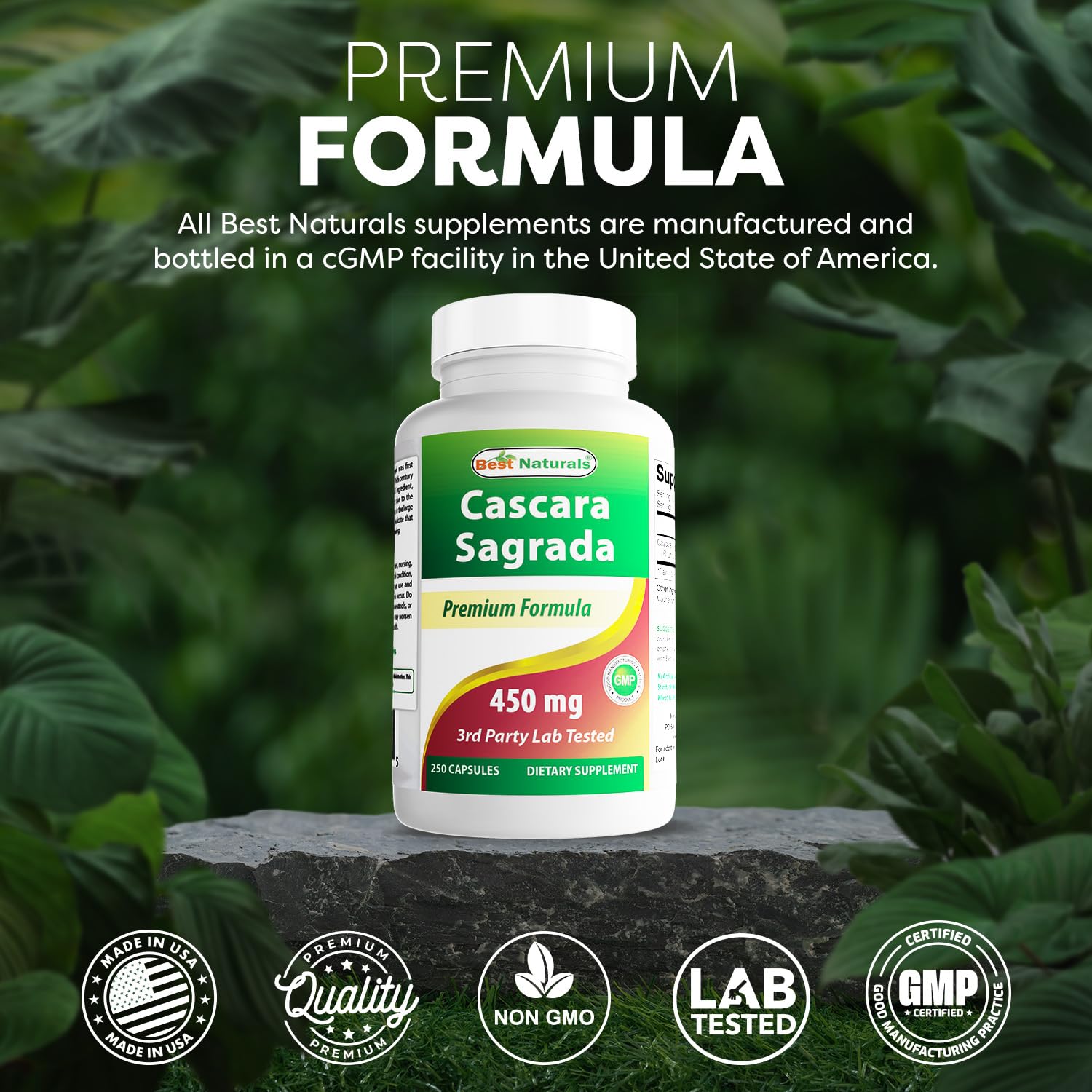 Gluten-free and Non-GMO labeling on Best Naturals Cascara Sagrada.