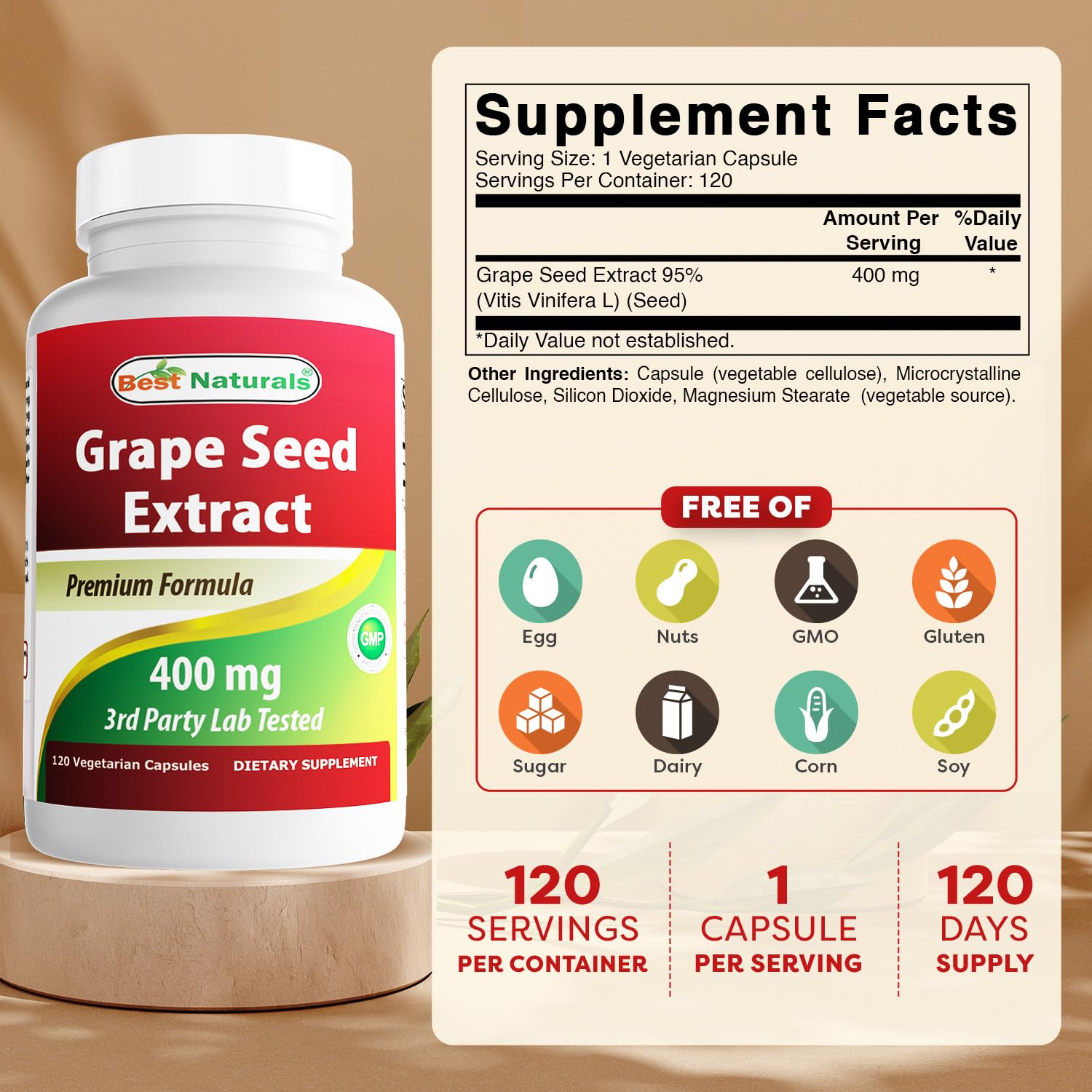 Best Naturals Grapeseed Extract capsules close-up for convenient daily antioxidant support.